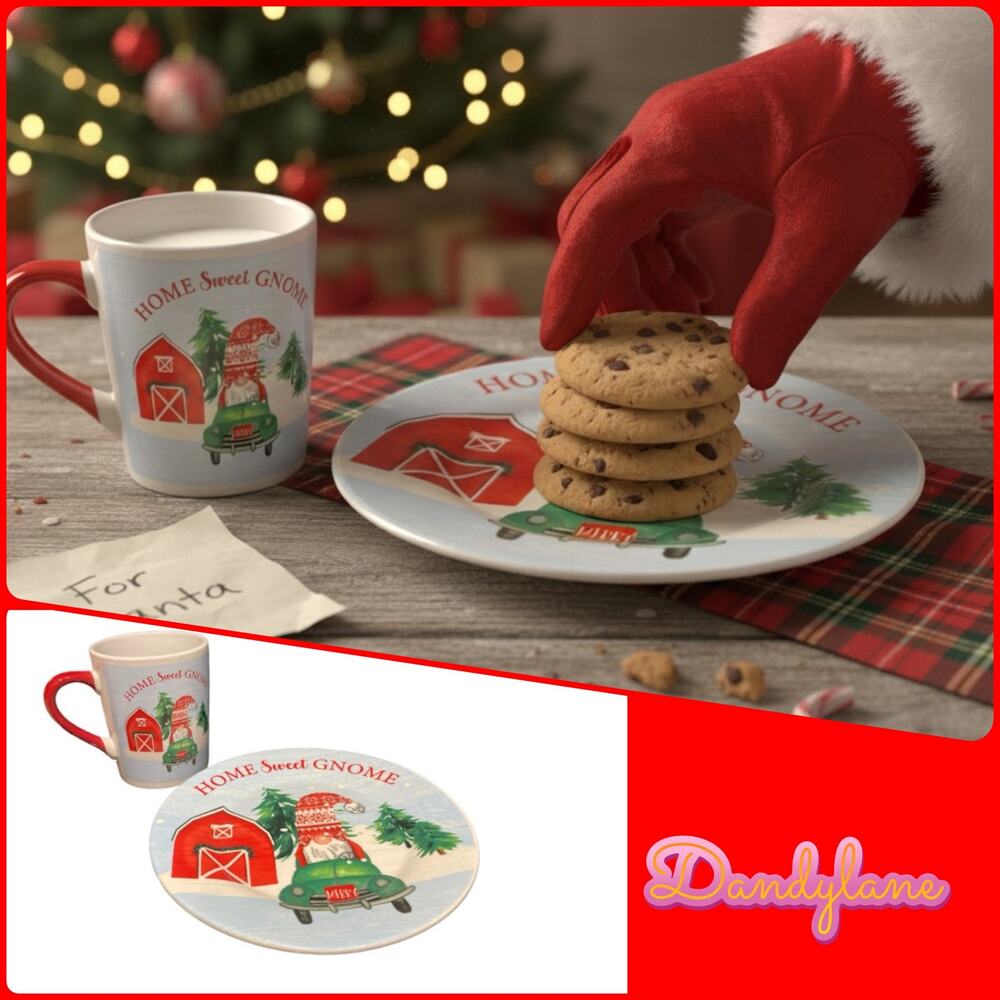 NWT Christmas Gnome Santa Cookie Plate & Milk Mug Set Home Sweet Gnome Ceramic